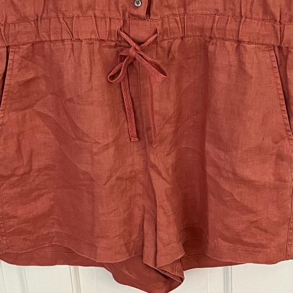 Lou & Grey 100% Linen Short Sleeve Romper Button Up Tie Cinch Waist Terracotta L - Picture 4 of 13
